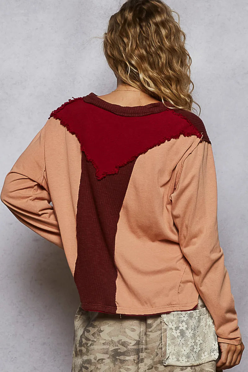 POL Color Block Notched Long Sleeve T-Shirt T-Shirts