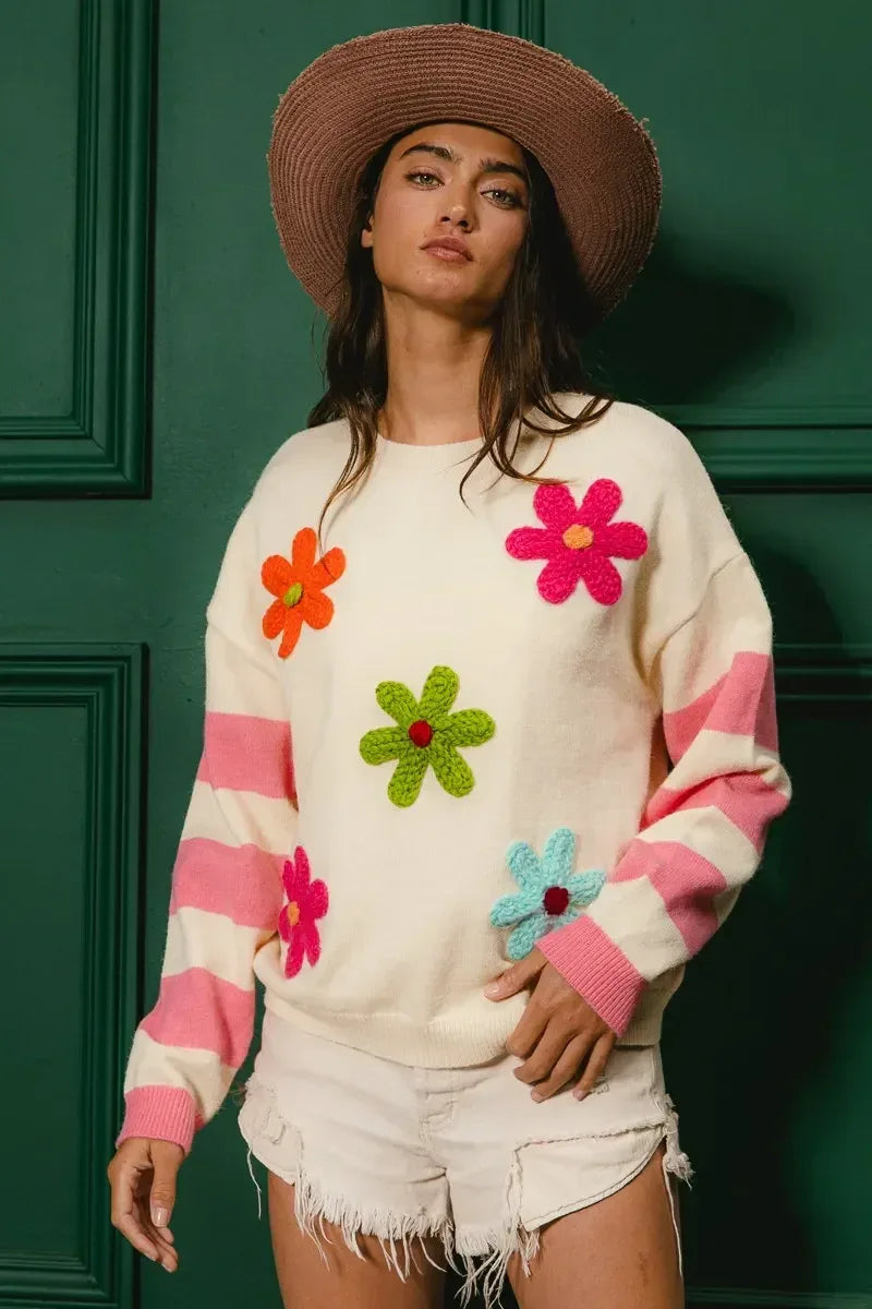 BiBi Colorful Floral Patched Sweater with Striped Sleeve - DAVERRI FASHIONS