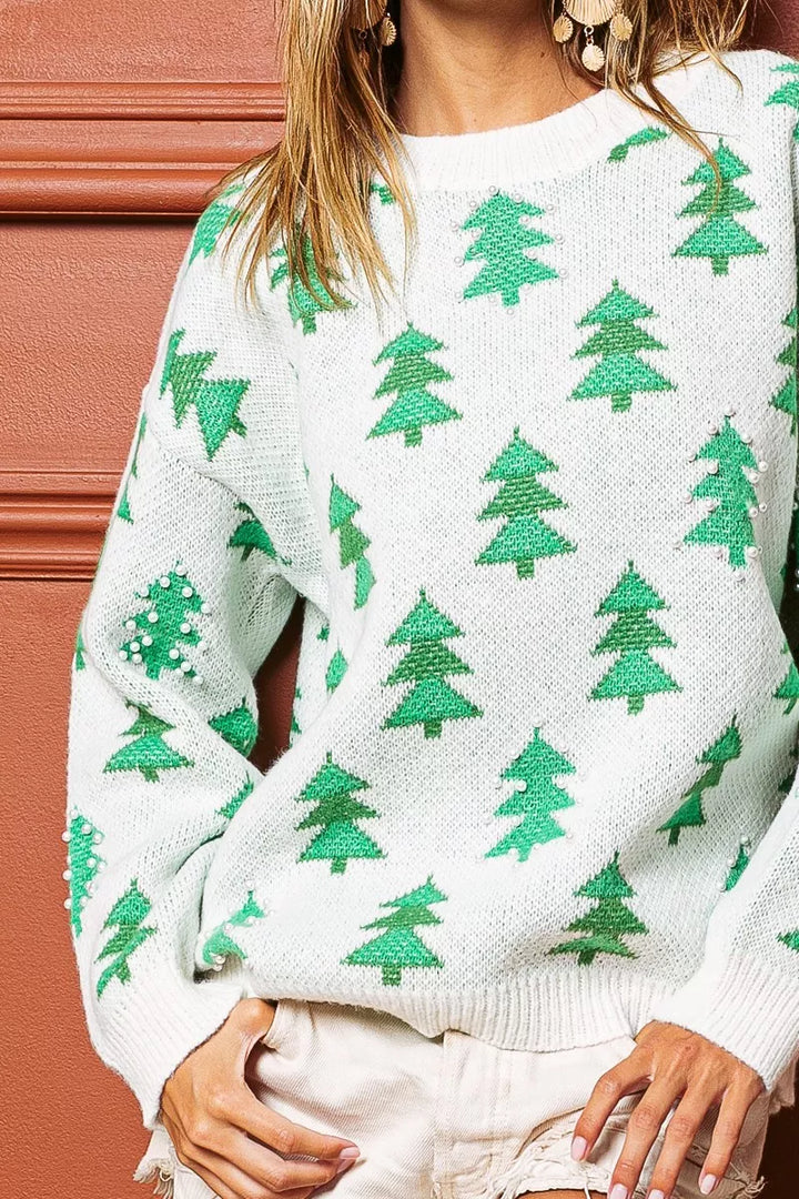 BiBi Pearl Beads Tree Pattern Christmas Sweater | Daverri Fashions