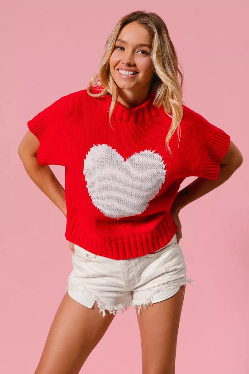 Red BiBi Rib Banded Heart Pattern Valentines Sweater with white heart design