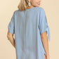 Umgee Cold Shoulder Short Sleeve Round Neck Top with Side Slits and Tie-able Knot Details