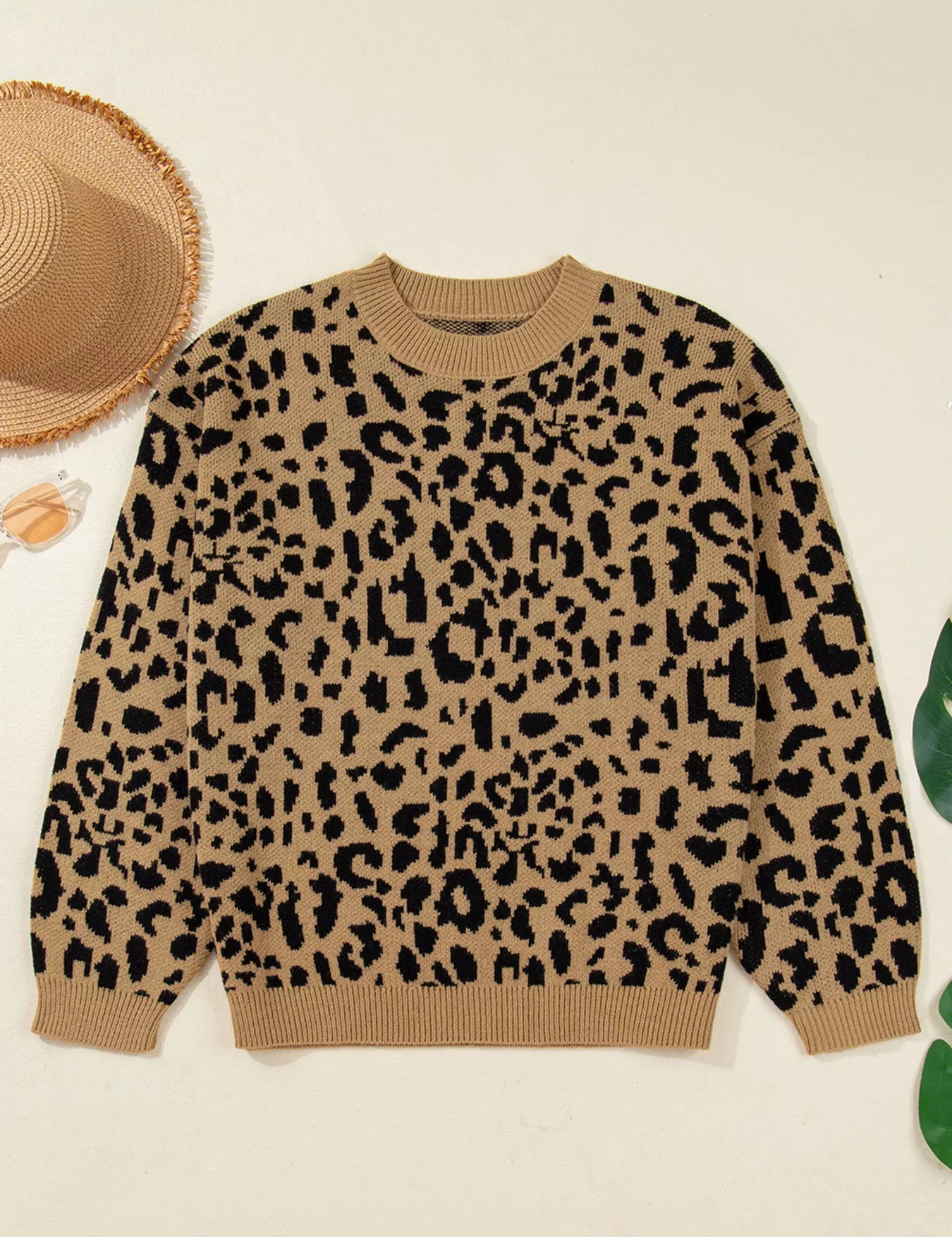 Ribbed Trim Round Neck Leopard Drop Shoulder Sweater | Sweaters Daverri Fashions