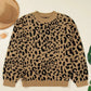 Ribbed Trim Round Neck Leopard Drop Shoulder Sweater - DAVERRI FASHIONS