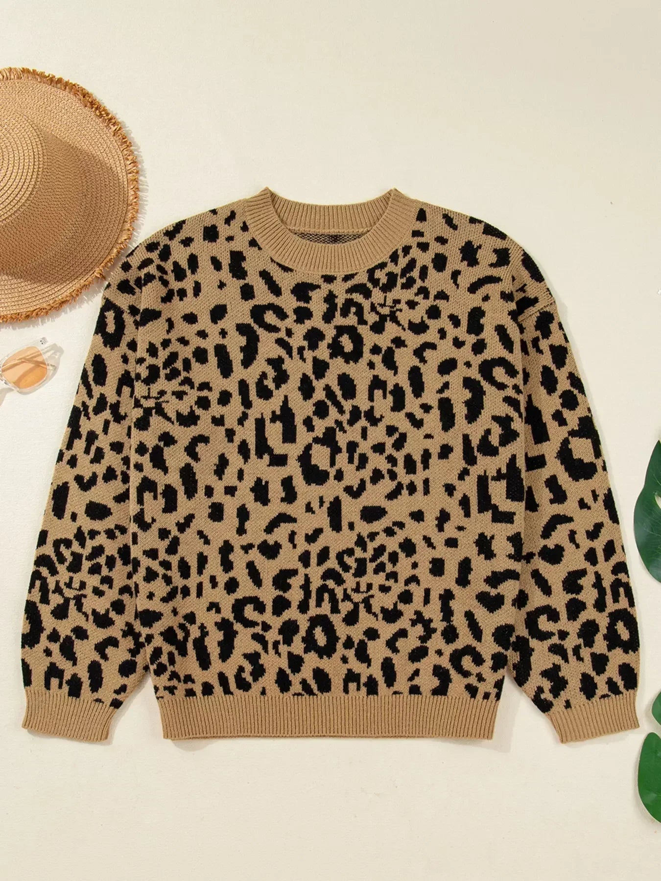 Ribbed Trim Round Neck Leopard Drop Shoulder Sweater - DAVERRI FASHIONS