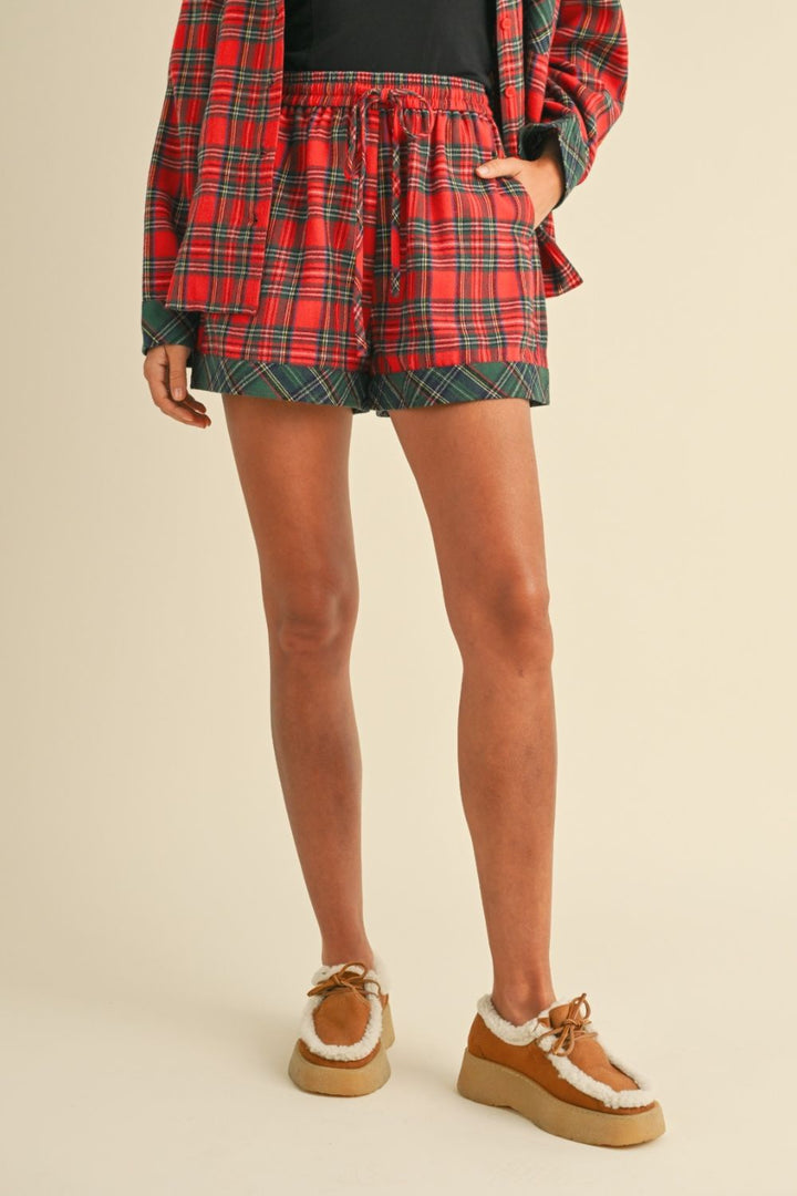 Annie Wear Contrast Plaid Long Sleeve Top and Shorts Set Short Sets