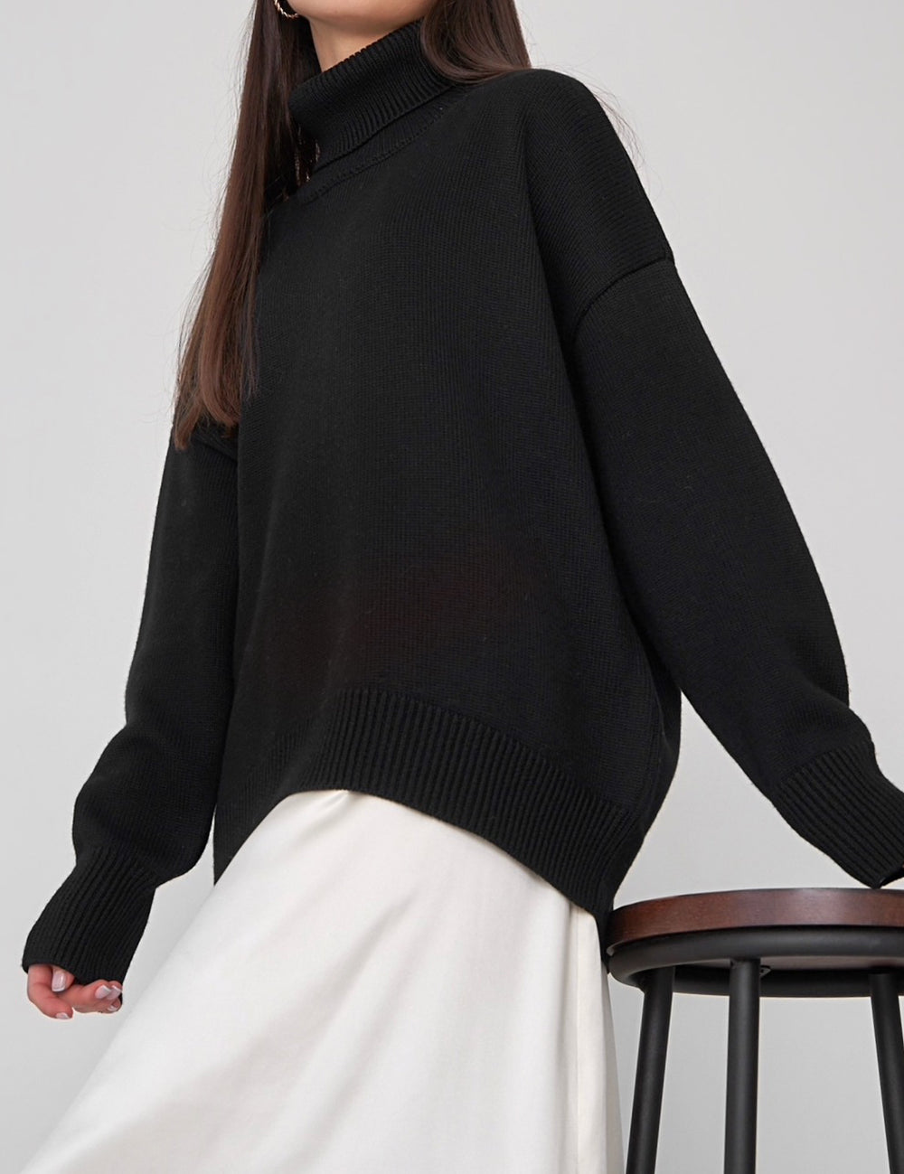 Black Turtle Neck Dropped Shoulder Sweater | Sweaters Daverri Fashions