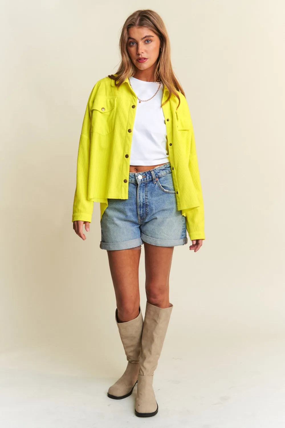 J.NNA Snap Down Long Sleeve High Low Shacket Shackets