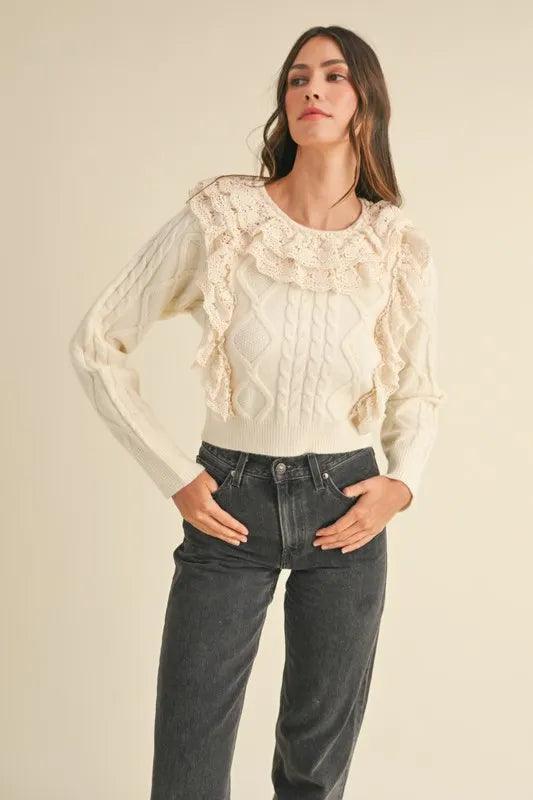 MABLE Ruffled Lace Crochet Sweater - DAVERRI FASHIONS