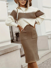 Two-Tone Ribbed Knit Top and Skirt Sweater Set | Outfit Sets Daverri Fashions