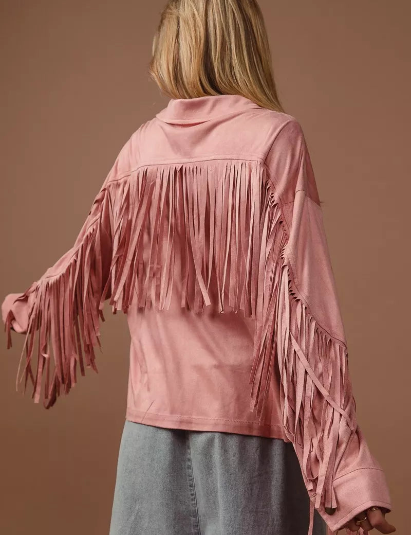 BiBi Suede Fringe Long Sleeve Jacket | Jackets Daverri Fashions