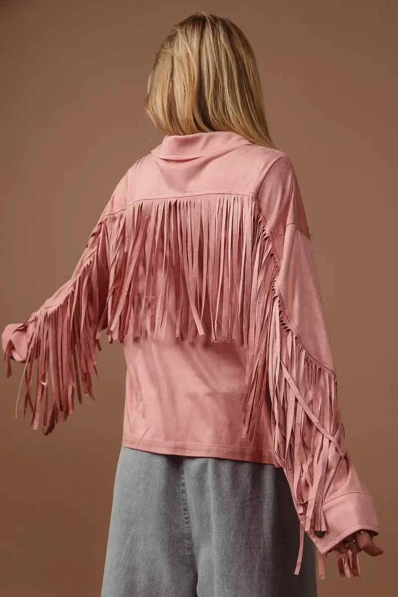 BiBi Suede Fringe Long Sleeve Jacket - DAVERRI FASHIONS