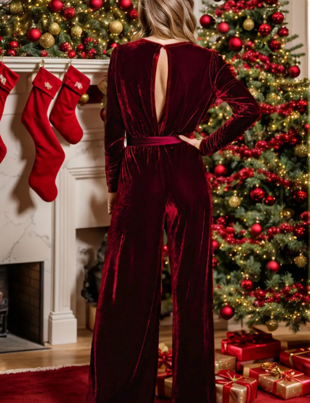 Burgundy velvet tie-waist long sleeve wide leg jumpsuit with open back