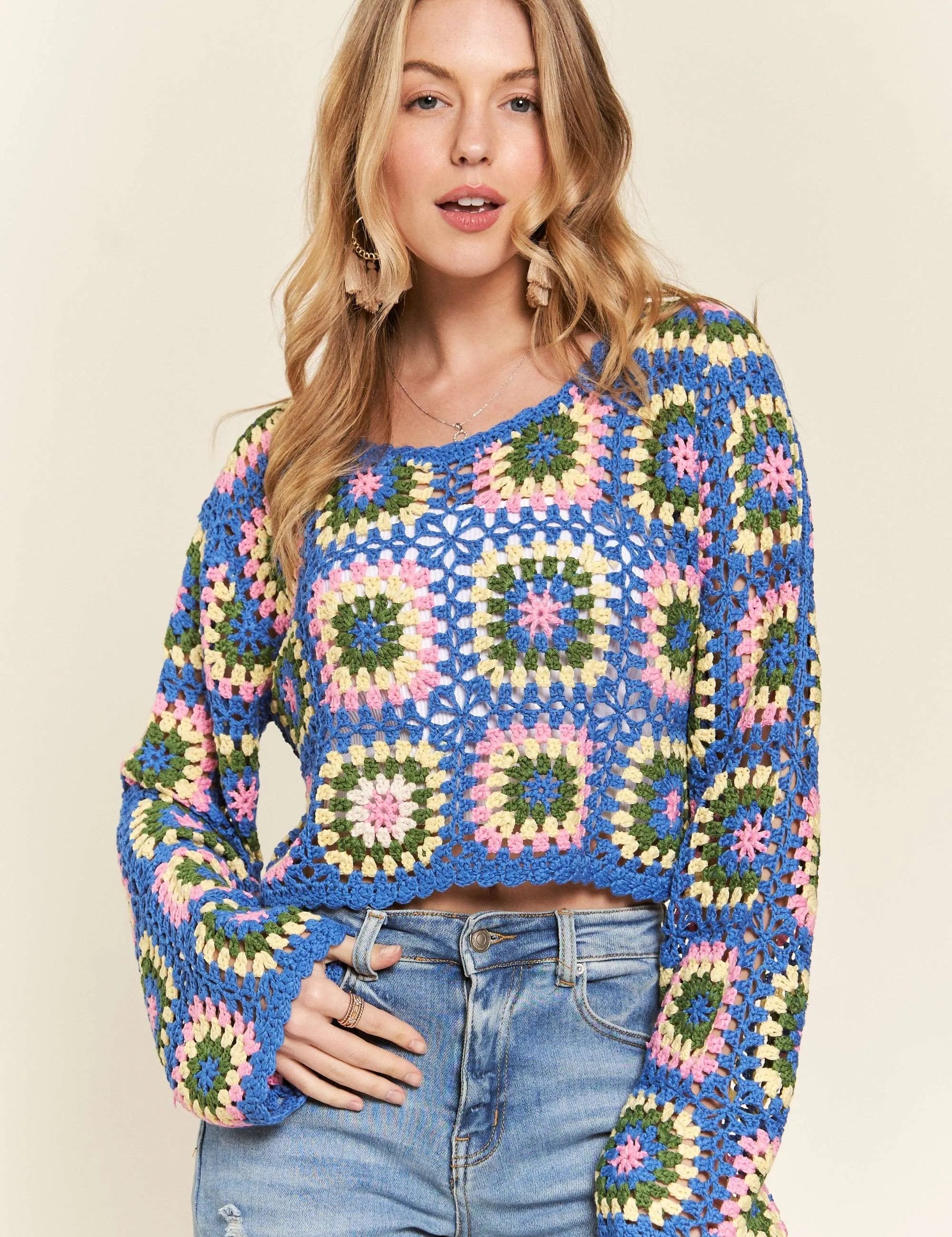 DENIM L ADORA Multicolor Crochet Crop Top | Sweaters Daverri Fashions