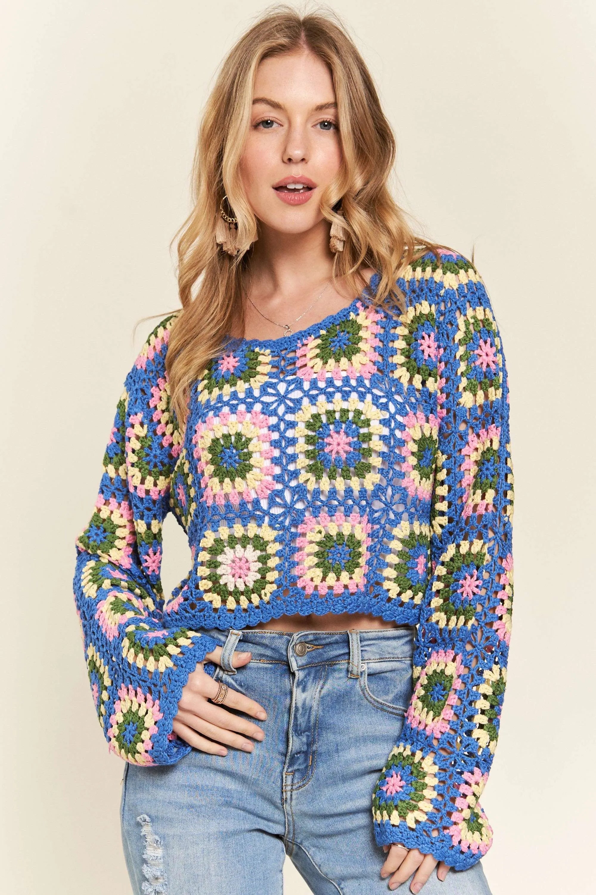 DENIM L ADORA Multicolor Crochet Crop Top | Sweaters Daverri Fashions