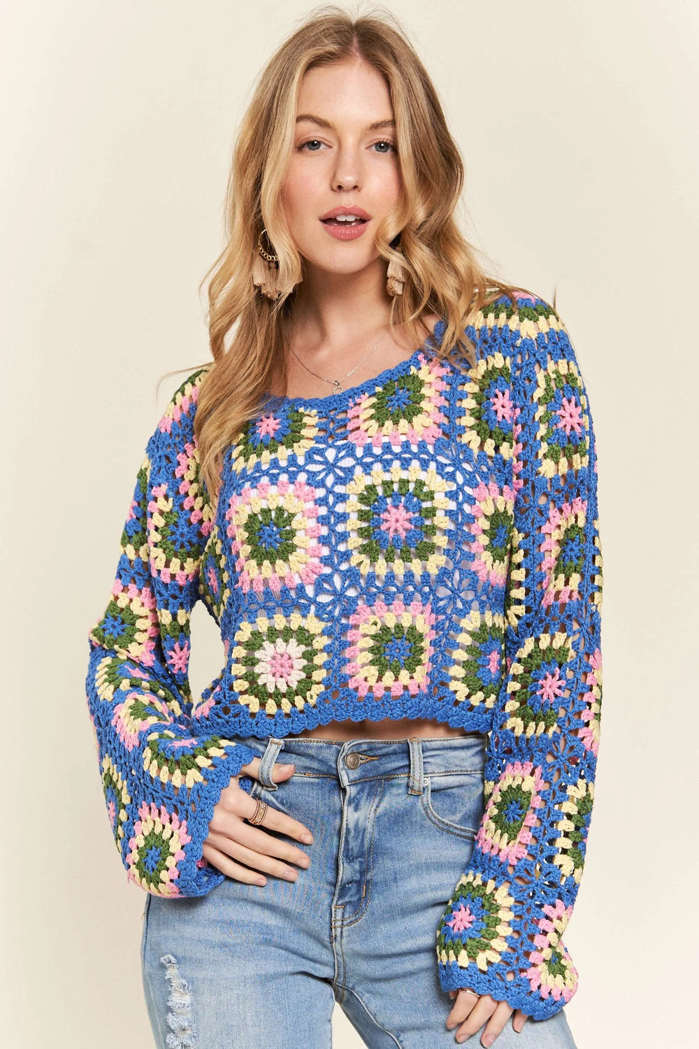 DENIM L ADORA Multicolor Crochet Crop Top | Sweaters Daverri Fashions