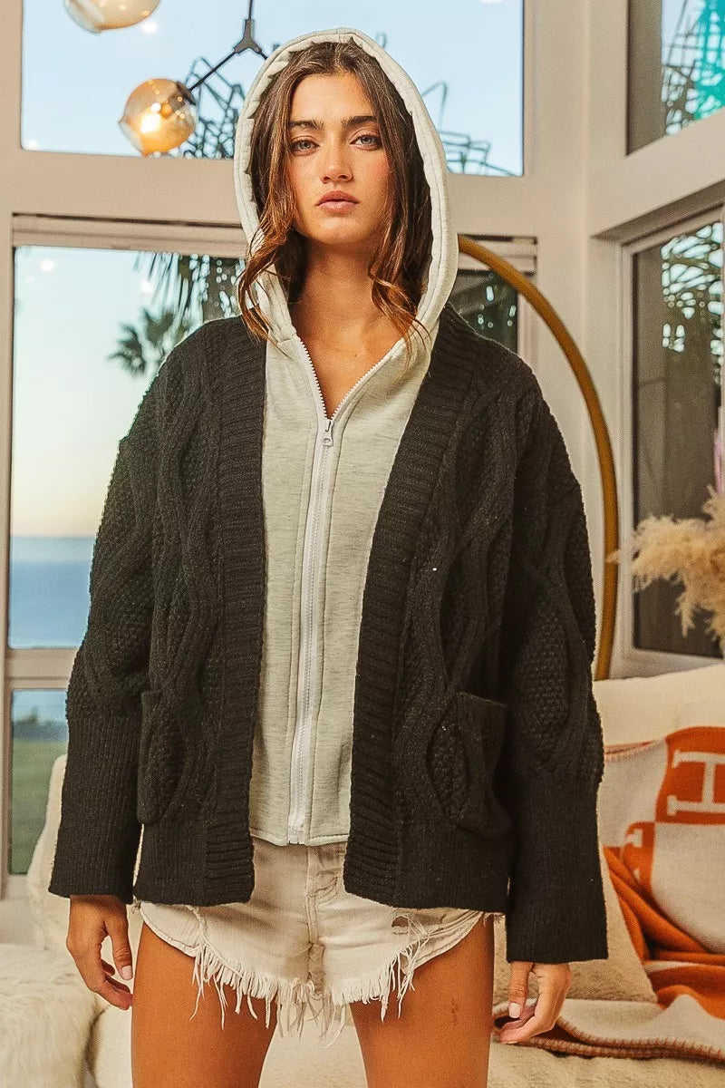 Black cable-knit BiBi hoodie sweater jacket with rhombus pattern