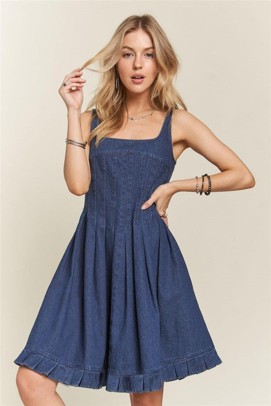 ADORA Smocked Back Square Neck Denim Dress DENIM BLUE Knee Length Dresses