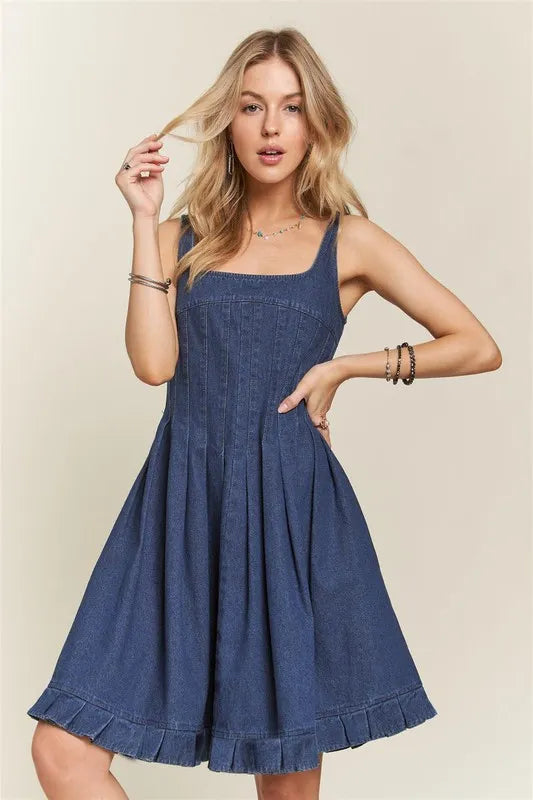 ADORA Smocked Back Square Neck Denim Dress with ruffled hem