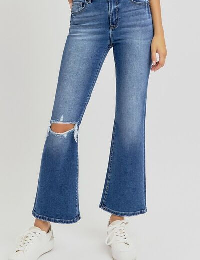 RISEN Full Size Distressed High Rise Crop Flare Jeans Dark