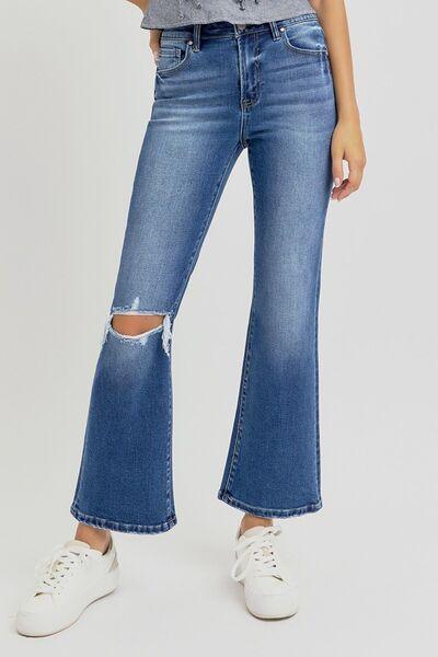 RISEN Full Size Distressed High Rise Crop Flare Jeans - DAVERRI FASHIONS