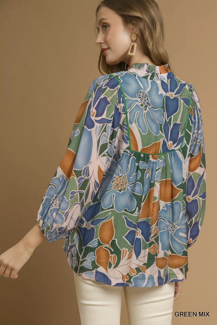 Umgee Multicolor Abstract Floral Print Blouse with Ruffle Neck | Blouses Daverri Fashions