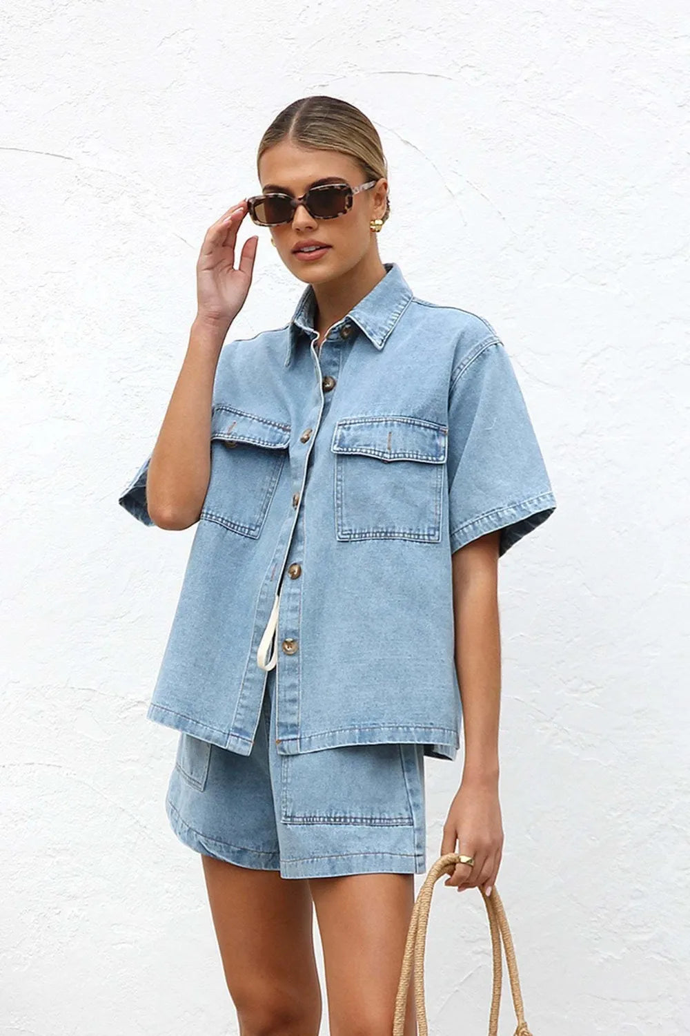 Collared Neck Button Up Top and Shorts Denim Set | Outfit Sets Daverri Fashions