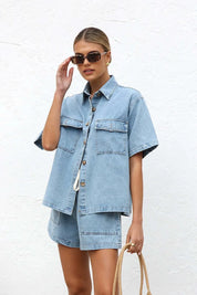 Collared Neck Button Up Top and Shorts Denim Set | Outfit Sets Daverri Fashions