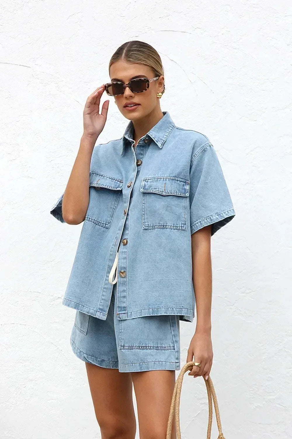 Collared Neck Button Up Top and Shorts Denim Set - DAVERRI FASHIONS