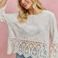 SO ME floral embroidered crochet lace trimmed top with white lace, floral embroidery, and scalloped hem
