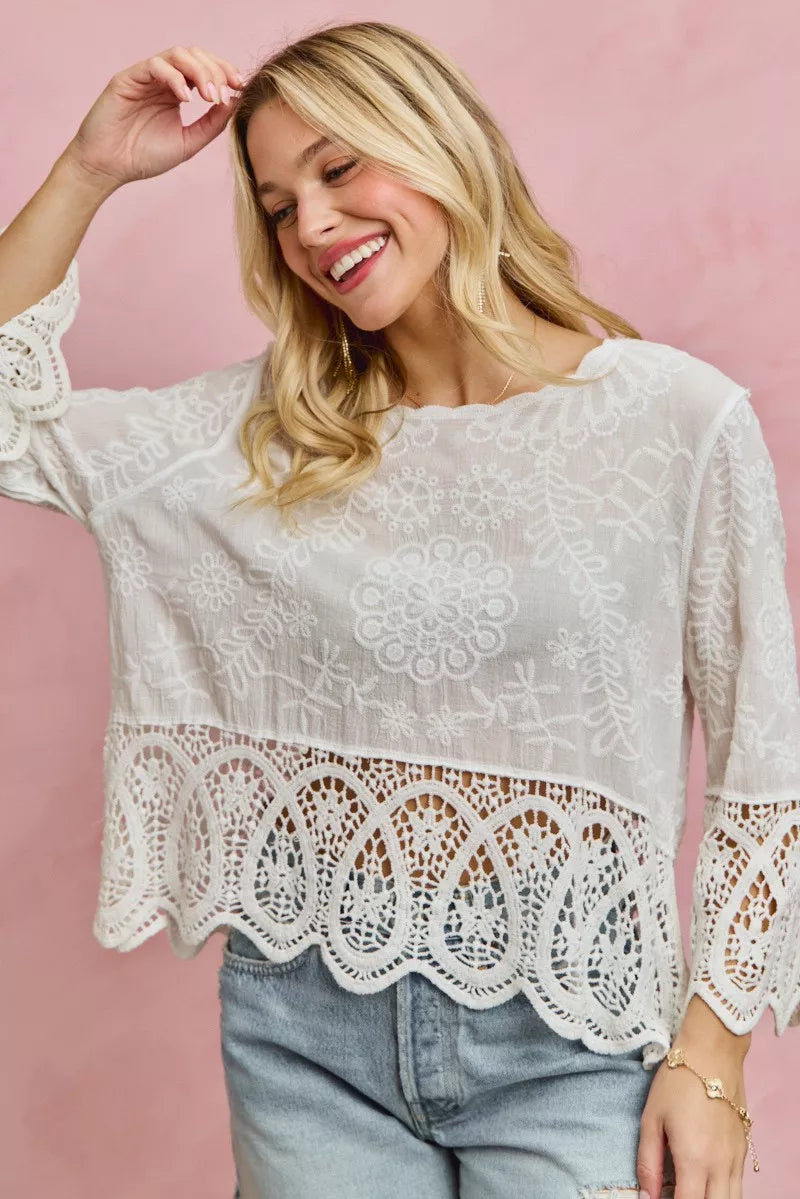 SO ME floral embroidered crochet lace trimmed top with white lace, floral embroidery, and scalloped hem