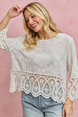 SO ME floral embroidered crochet lace trimmed top with white lace, floral embroidery, and scalloped hem