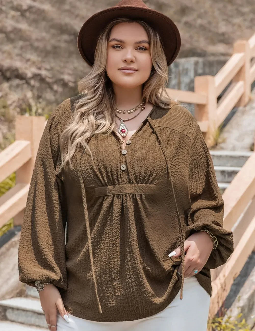 Plus size olive green textured tie neck blouse with brown hat