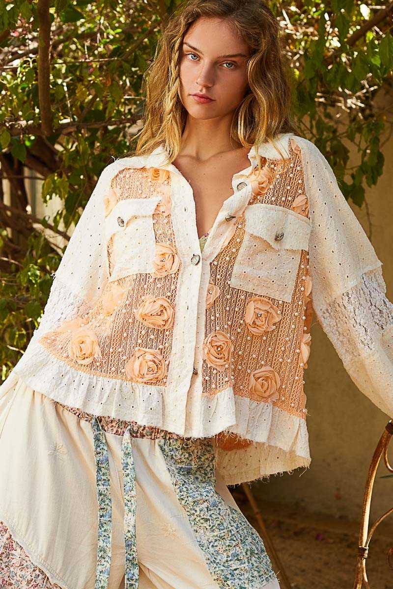 POL Eyelet Flower Pearl Detail Lace Patchwork Shirt Apricot Cream