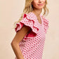 BiBi Heart Patterned Knit Top with Pink Blouse, Red Dots, Ruffled Sleeves