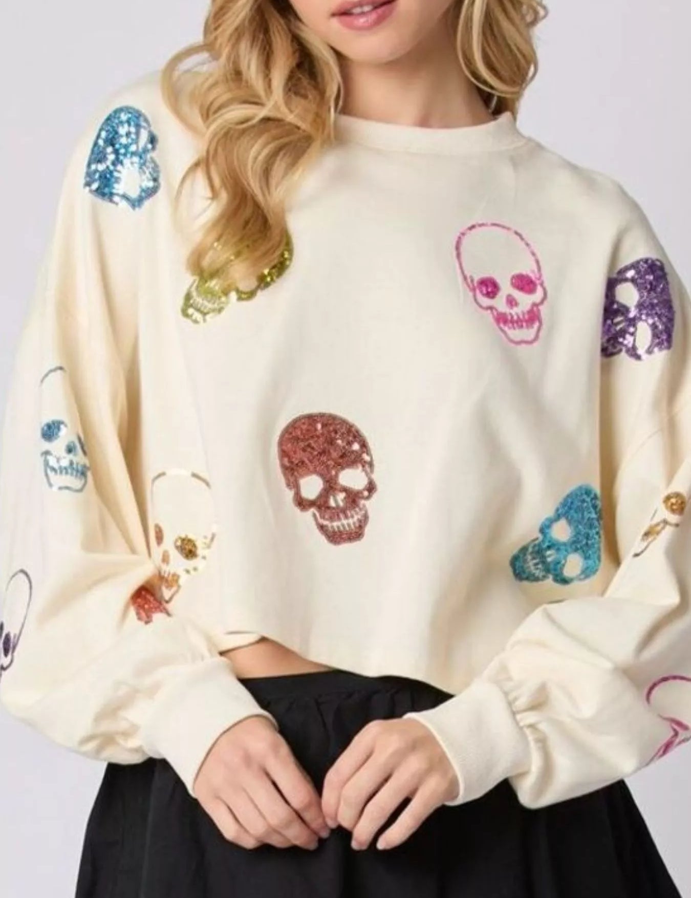 Ivory Sequin Skull Long Sleeve Sweatshirt | Sweatshirts Daverri Fashions