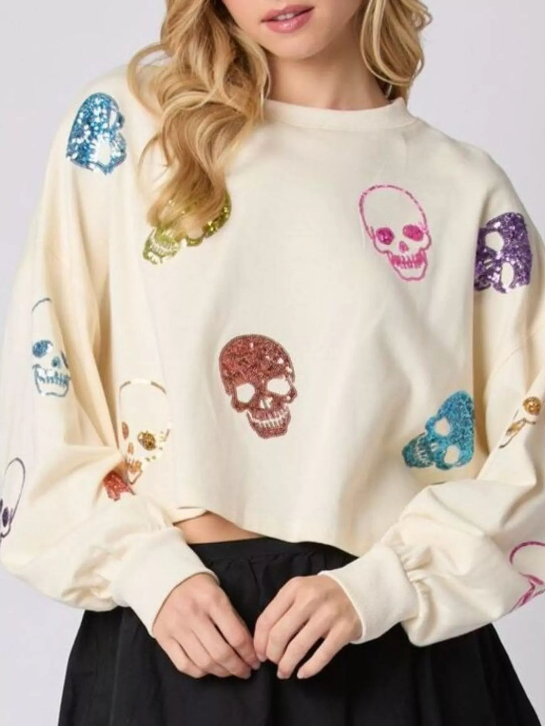 Ivory Sequin Skull Long Sleeve Sweatshirt | Sweatshirts Daverri Fashions