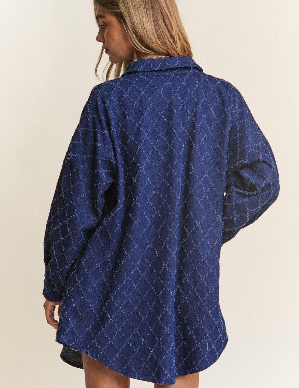 J.NNA Rhombus Stitched Button Up Denim Shacket | Shackets Daverri Fashions