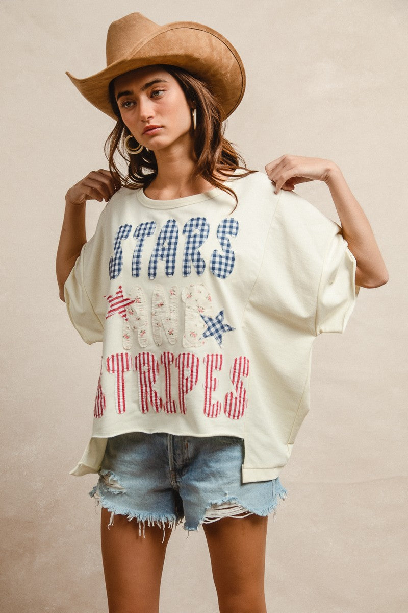 BiBi oversized stars and stripes patchwork short sleeve t-shirt