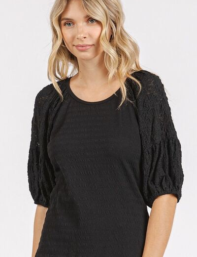 Mittoshop Mixed Media Textured Knit Popcorn Puff Sleeve Blouse Black