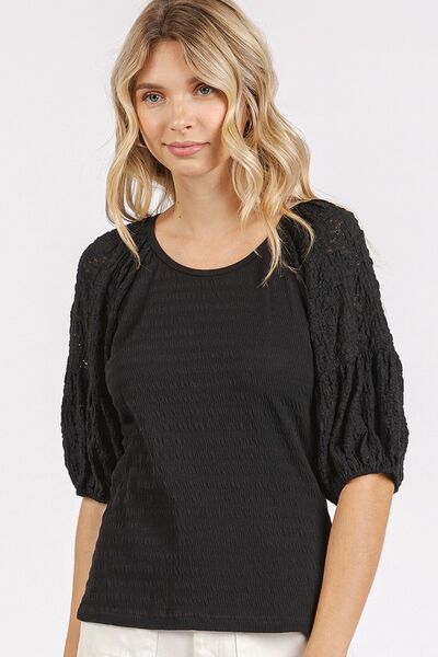 Mittoshop Mixed Media Textured Knit Popcorn Puff Sleeve Blouse Black