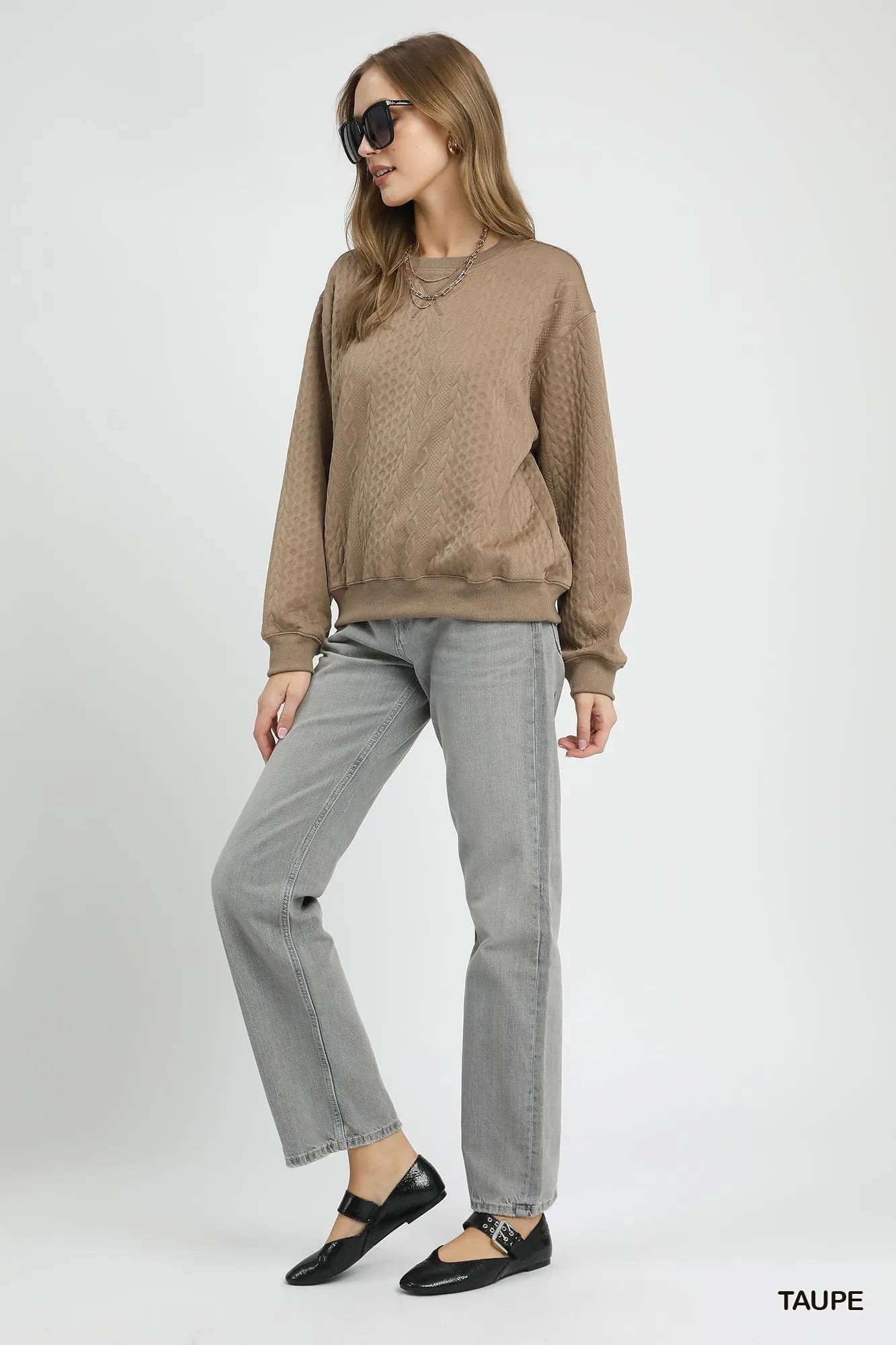 Umgee Cable Texture Pattern Sweatshirt with Ribbed Hem Sweatshirts