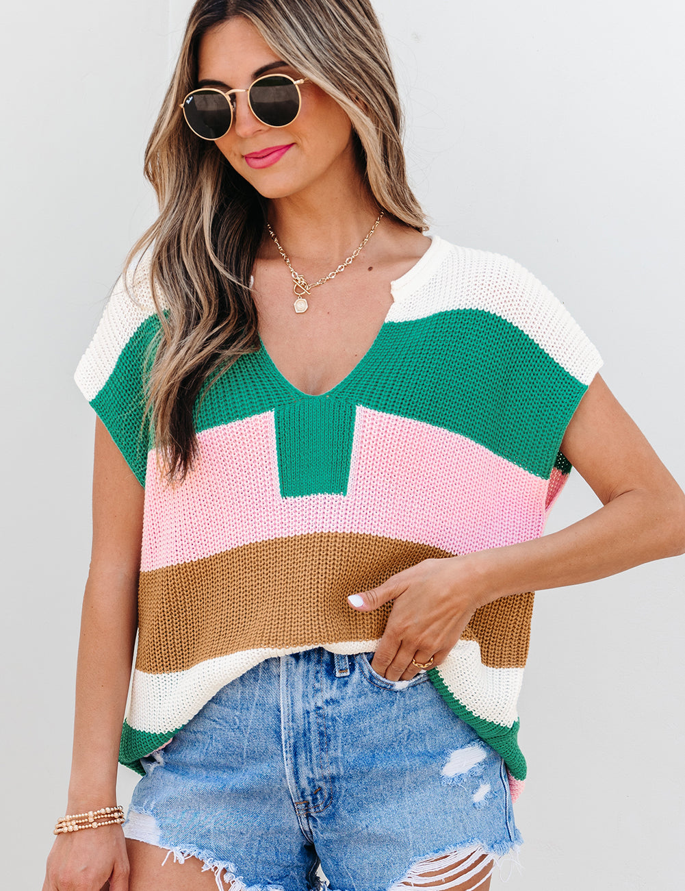 Multicolour 55%Acrylic+45%Cotton Color Block Notch V Neck Knit Sweater | Sweaters Daverri Fashions