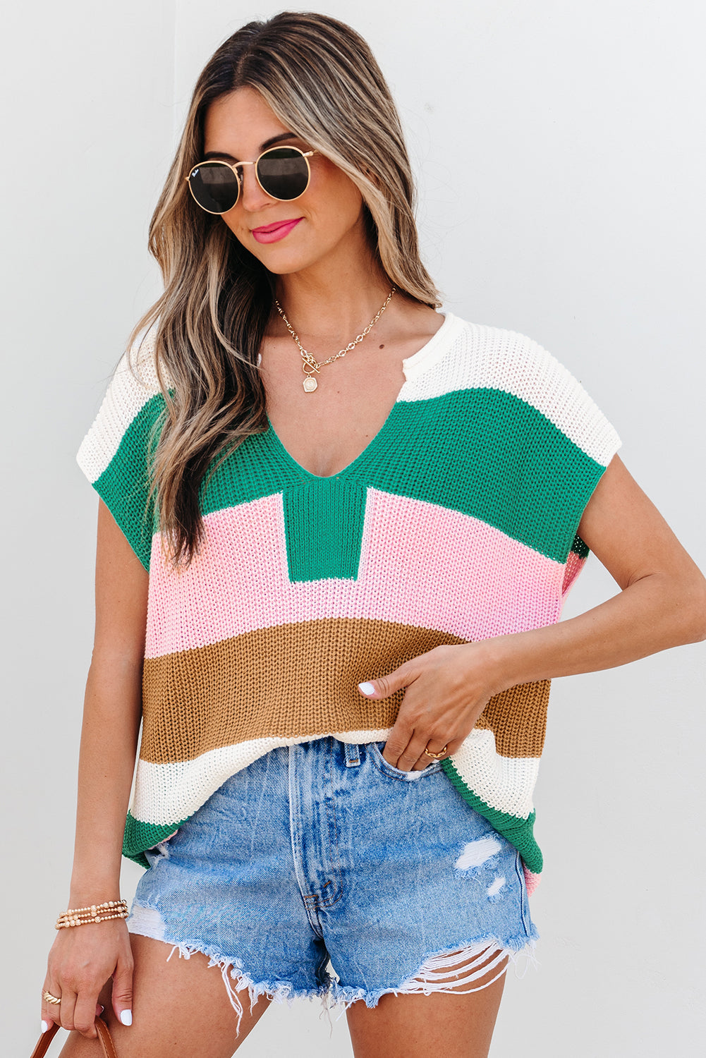 Multicolour 55%Acrylic+45%Cotton Color Block Notch V Neck Knit Sweater | Sweaters Daverri Fashions