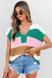 Multicolour 55%Acrylic+45%Cotton Color Block Notch V Neck Knit Sweater | Sweaters Daverri Fashions