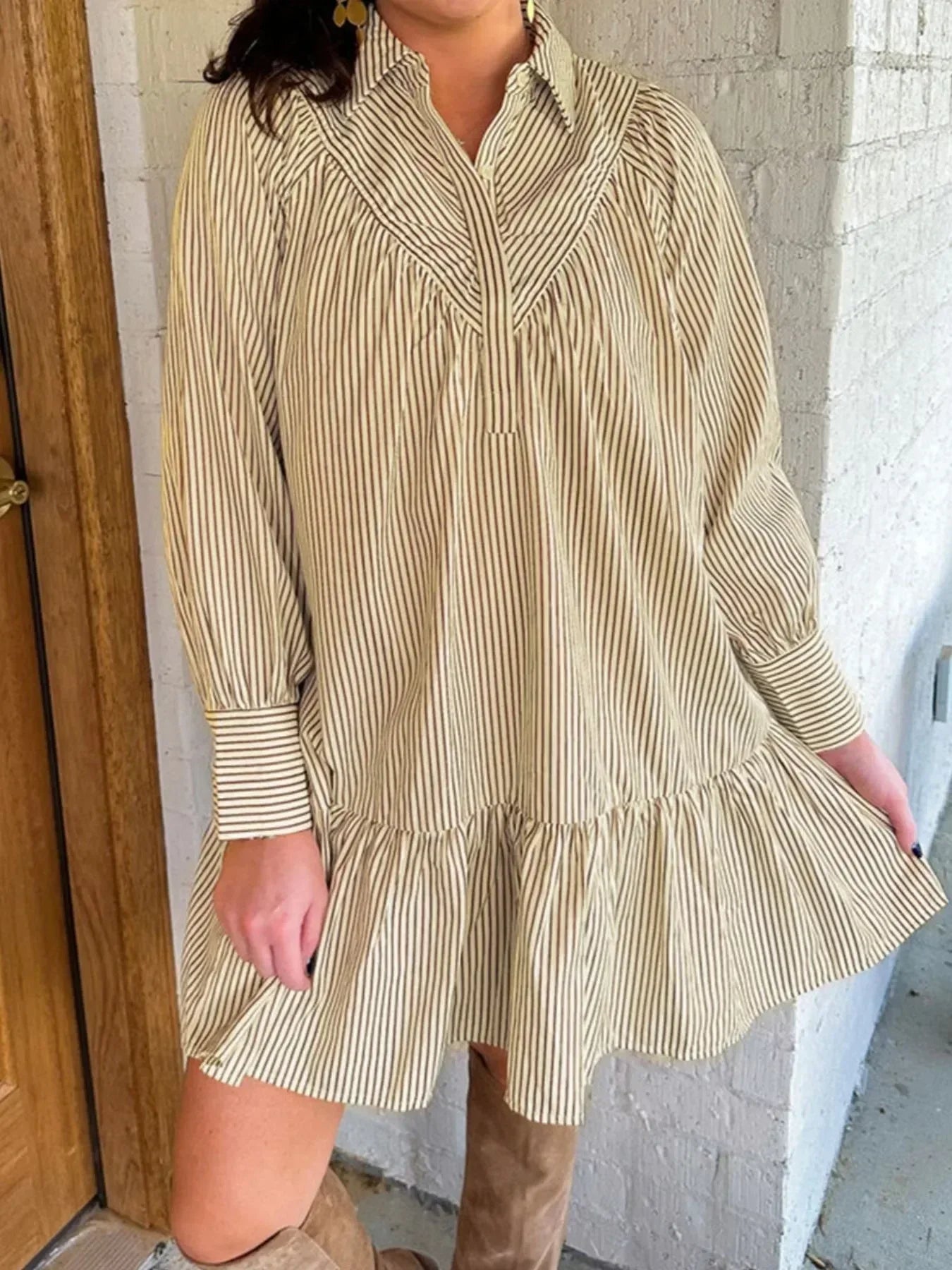 Stripe Collared Neck Cuffed Long Sleeve Drop Waist Mini Dress - DAVERRI FASHIONS