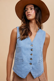 Annie Wear Button Down V-Neck Denim Vest Light Vests