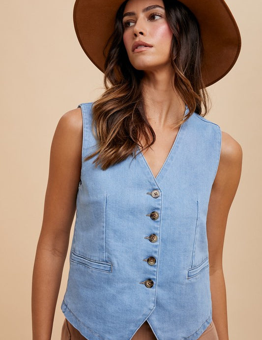 Annie Wear Button Down V-Neck Denim Vest Light Vests