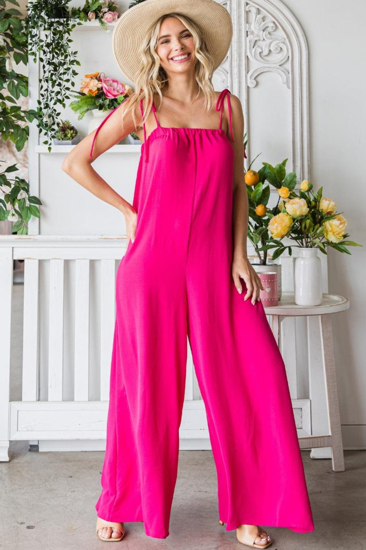 Veveret Pocketed Spaghetti Strap Wide Leg Jumpsuit Jumpsuits