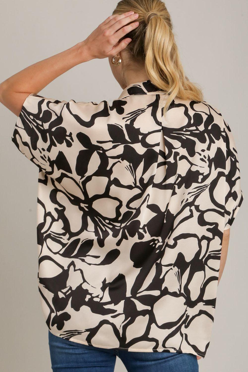 Umgee Full Size Two Tone Print Button Down Top with hidden Plackets Tops