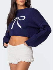 Bow Round Neck Cropped Sweater | Sweaters Daverri Fashions